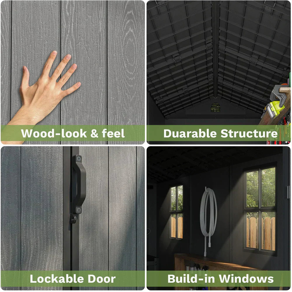Pro Grade 8ft x 12ft Premium Plastic Double Door Garden Shed - Grey Wood Touch Texture
