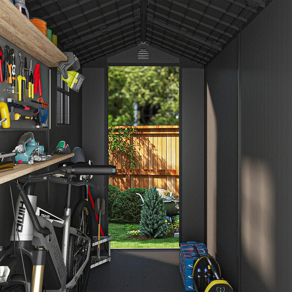 Pro Grade 8ft x 10ft Premium Plastic Double Door Garden Shed - Grey/Anthracite Wood Touch Texture